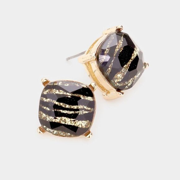 Square Zebra Stone Stud Earrings - Picture 3 of 5
